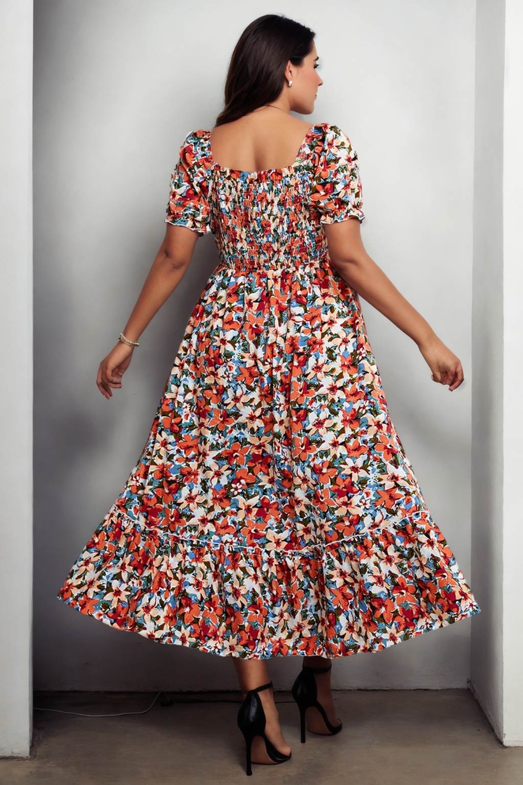 Hi Curvy Plus Size Flora Print Bow Collar Fit & Flare Midi Dress