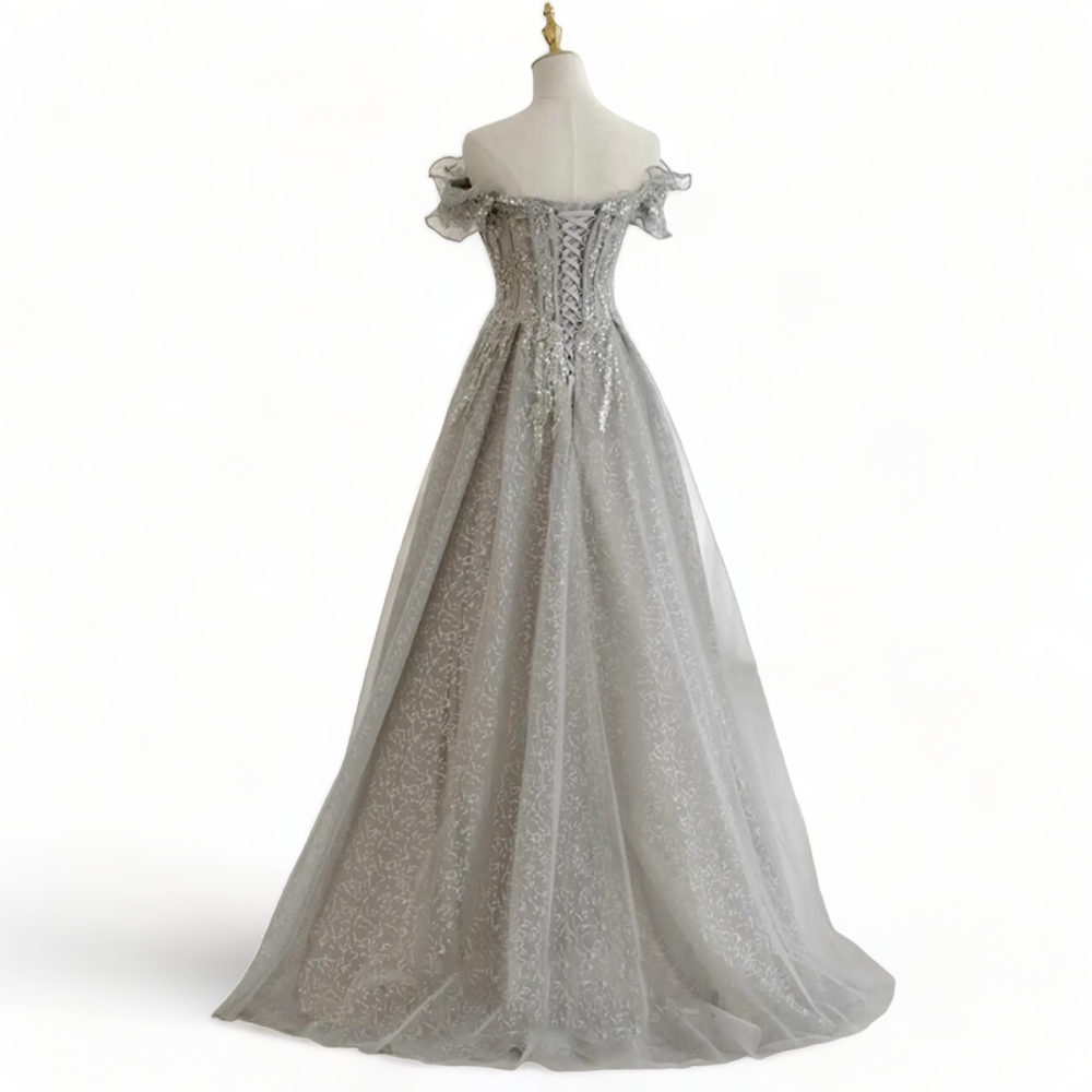 LACE And Chiffon Corset Back Dresses Silver Plus Size