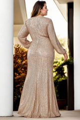 Plus Size Sequin Wrap Long Sleeve Evening Dress - Gold Back View