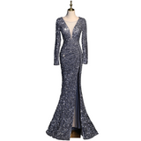 Plus Size Sexy Sequins Long Sleeve Evening Dress