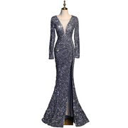 Plus Size Sexy Sequins Long Sleeve Evening Dress