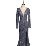 Plus Size Sexy Sequins Long Sleeve Evening Dress