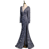 Plus Size Sexy Sequins Long Sleeve Evening Dress