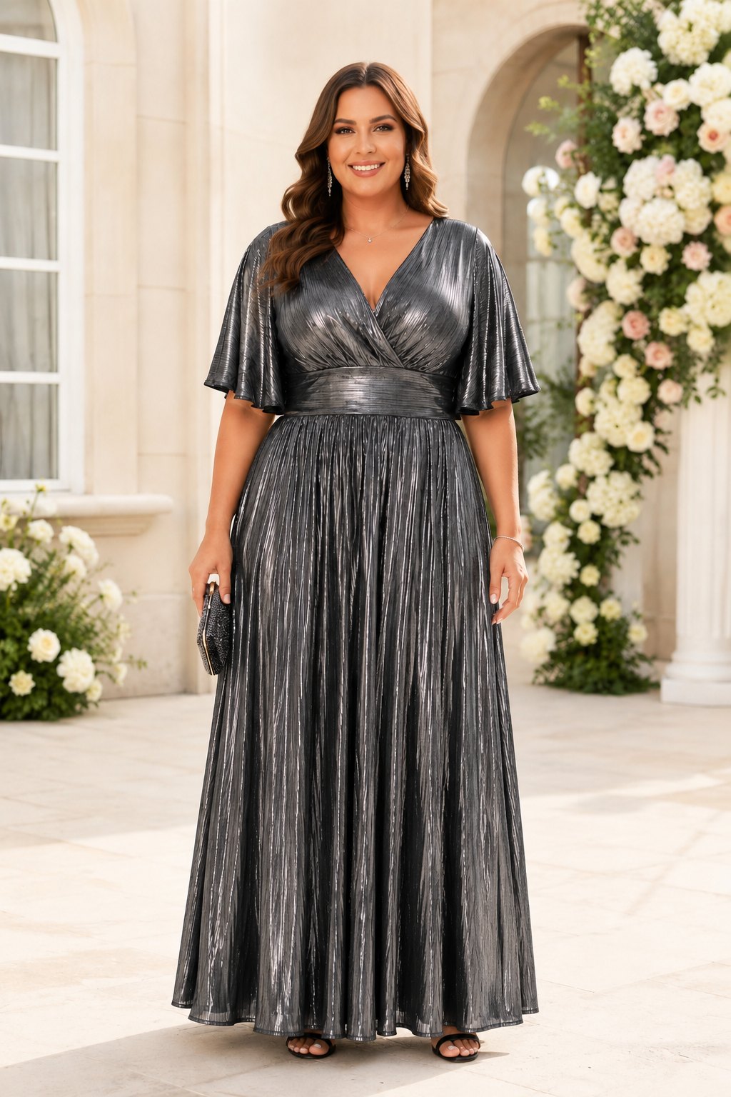 metallic silver dress plus size Pleated Evening Maxi Dress– Hello Curve A Feminine Take on Think no fuss model1 Size:2-2-2 (1X-2X-3X)