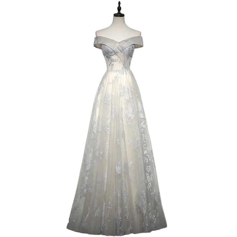Off the Shoulder Spaghetti Strap Chiffon Gowns Silver Plus Size