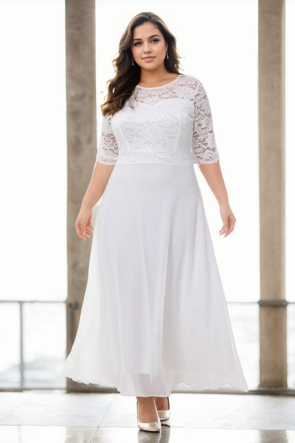 Adina Plus Size White Lace Formal Maxi Dress