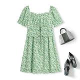 Plus Size Square Neck Green Floral Bodice Dress