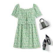 Plus Size Square Neck Green Floral Bodice Dress