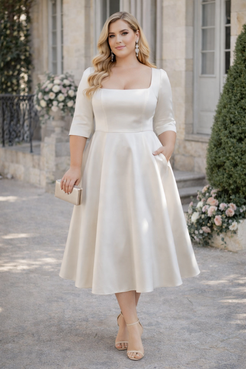 Plus Size Satin Square Neck Midi Dress in classic white, suitable for wedding guests and formal occasions like race days