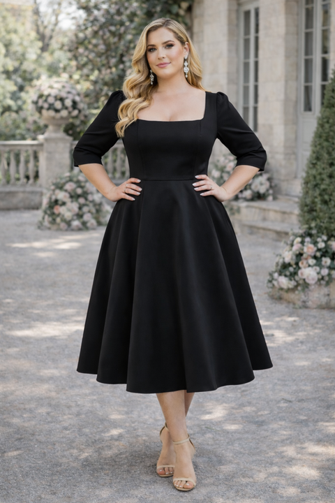 Plus Size Square Neck Midi Dress in classic black, suitable for wedding guests and formal occasions