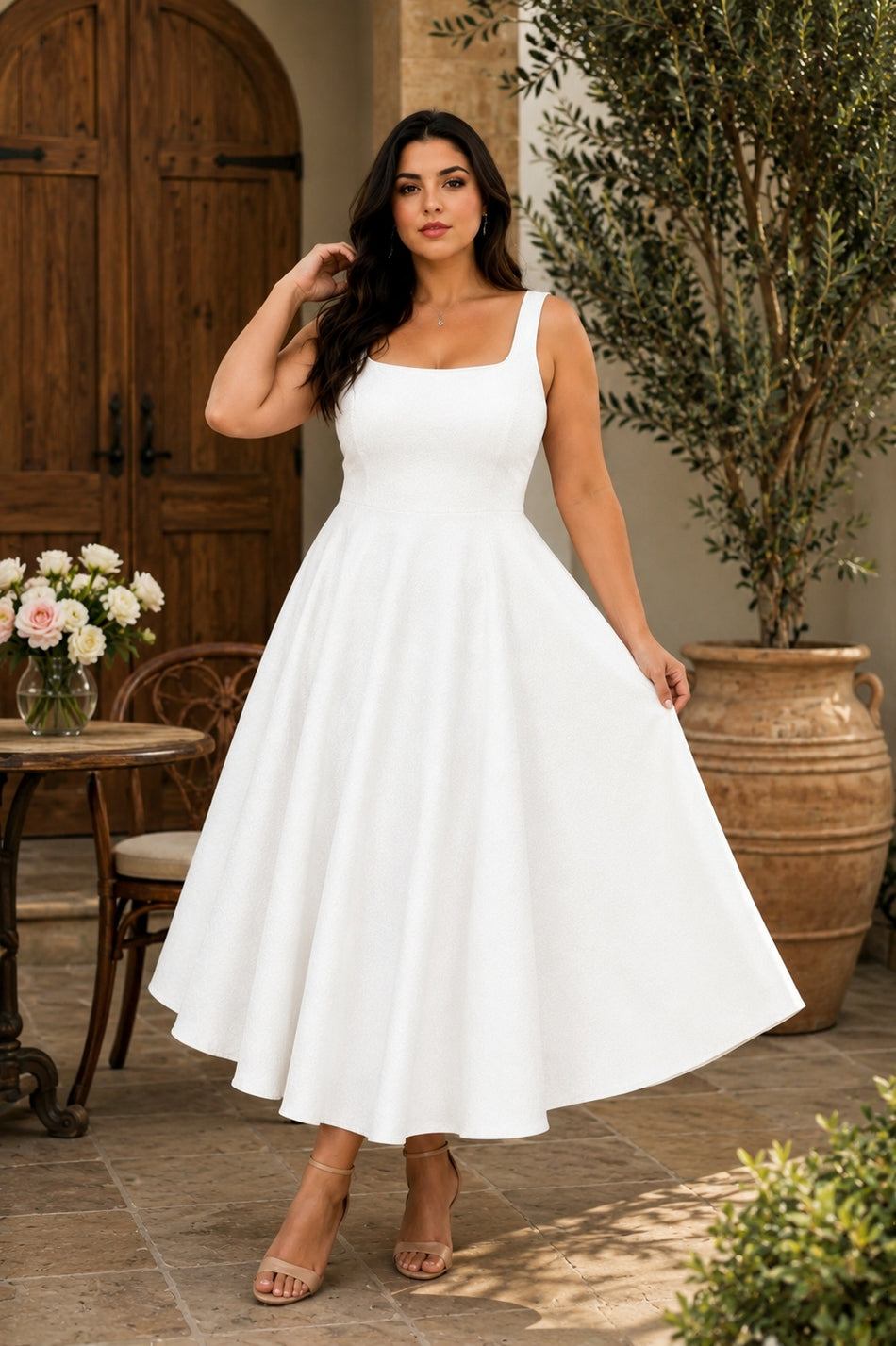 Plus Size Square Neck Semi Formal Dress - White