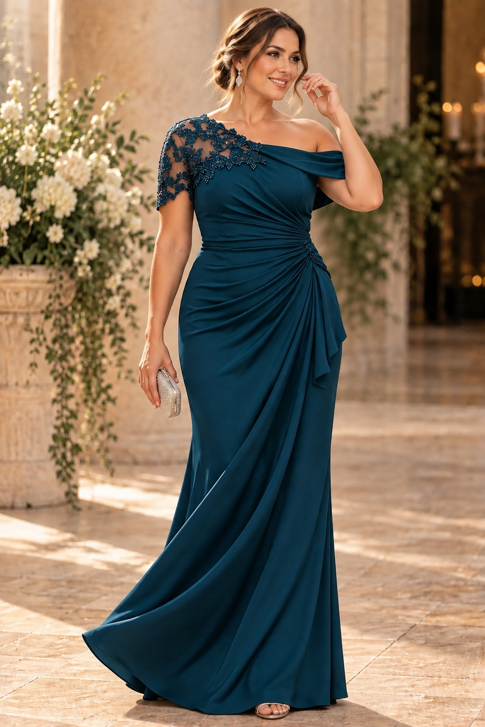 Plus size woman wearing a teal one shoulder evening dress with embellished lace, asymmetric neckline and draped waist.