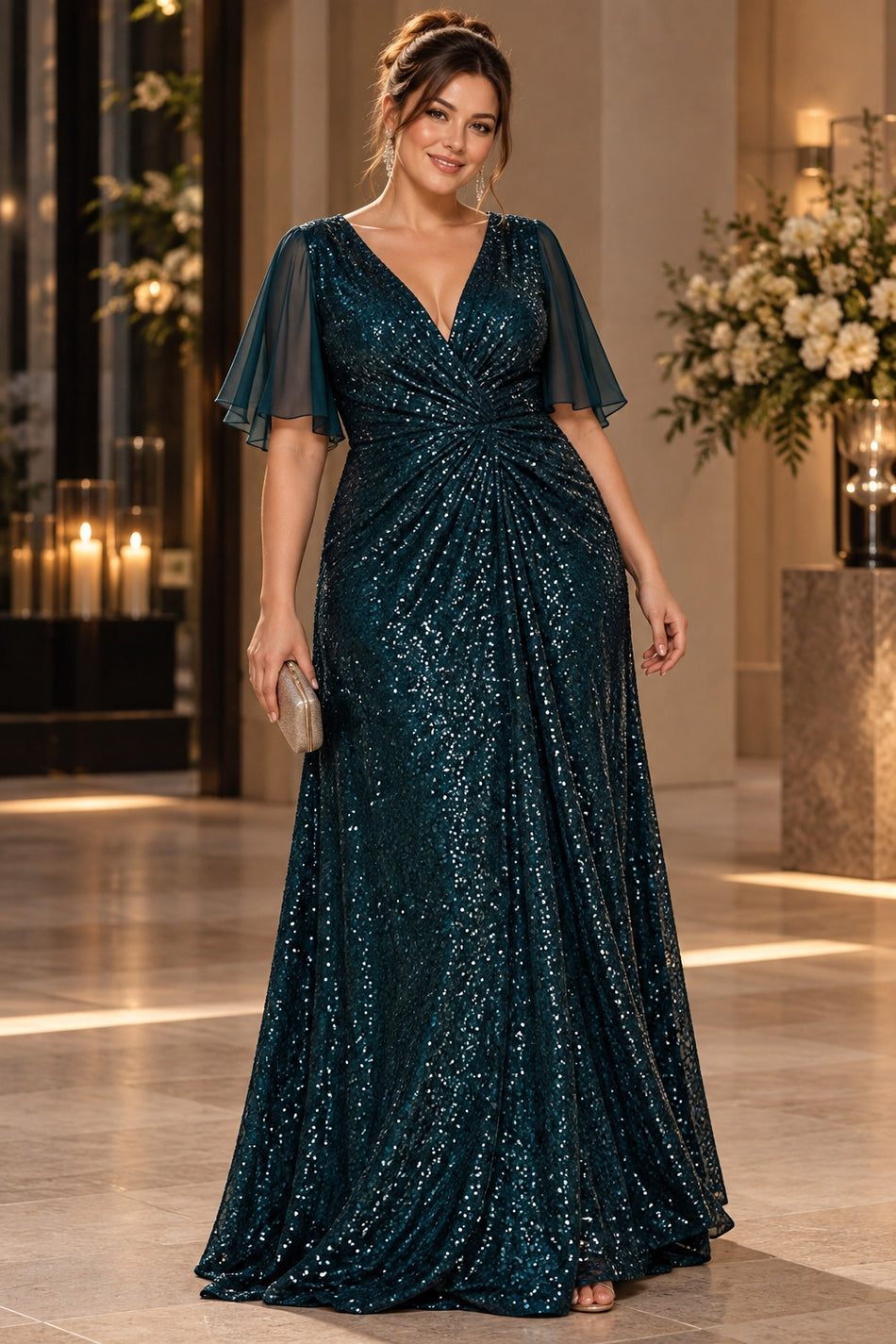 Woman wearing a plus size dark teal sequin evening maxi dress with a deep V-neckline, sheer flutter sleeves and gathered waist.
