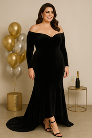 Plus Size Velvet Off Shoulder Gown