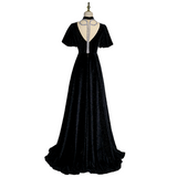 Plus Size Velvet V Neck Short Sleeve Evening Dress