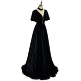 Plus Size Velvet V Neck Short Sleeve Evening Dress