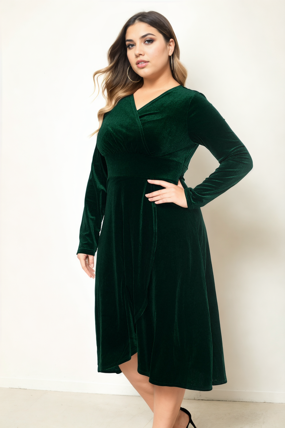 Izzy Plus Size Velvet Wrap Long Sleeve Dress Hello Curve Izzy Plus Size Velvet Wrap Long Sleeve Dress Hello Curve