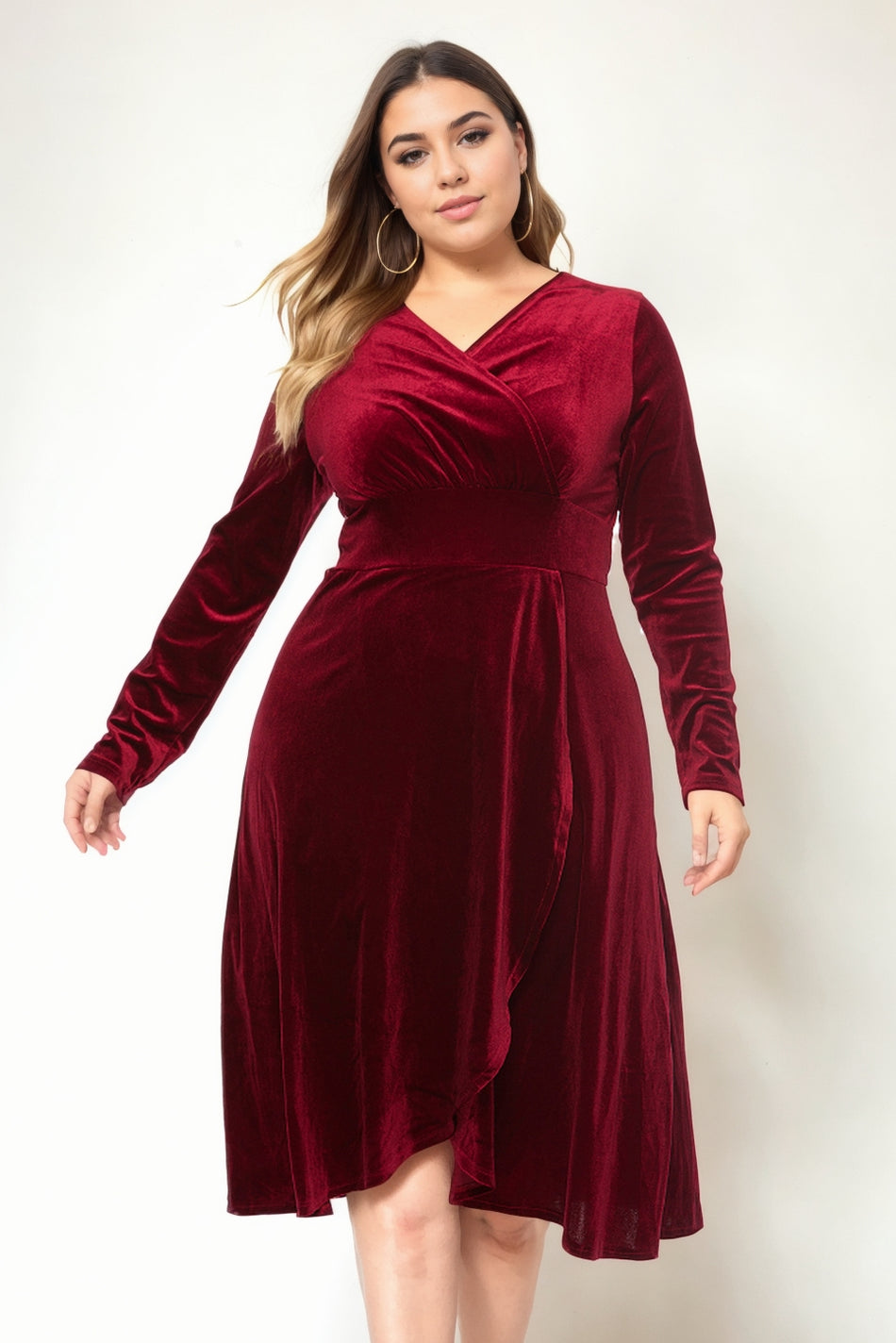 Izzy Plus Size Velvet Wrap Long Sleeve Dress Hello Curve Izzy Plus Size Velvet Wrap Long Sleeve Dress Hello Curve