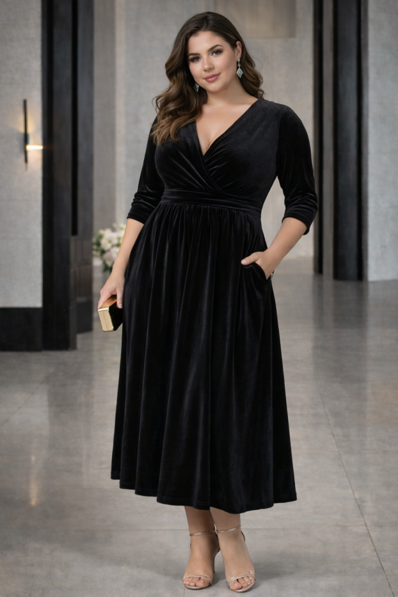Plus Size Velvet Wrap Midi Dress in deep black velvet, suitable for wedding guests and evening events