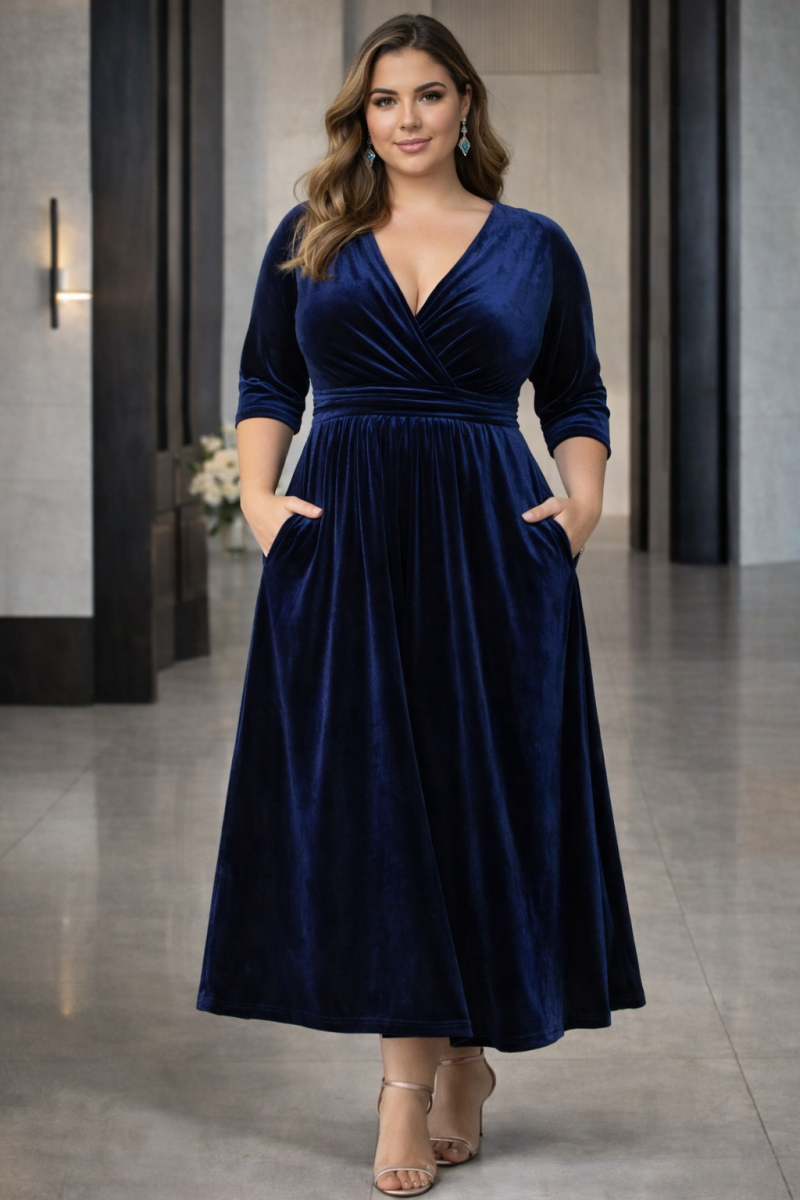 Plus Size Velvet Wrap Midi Dress in deep navy velvet, suitable for wedding guests and evening events