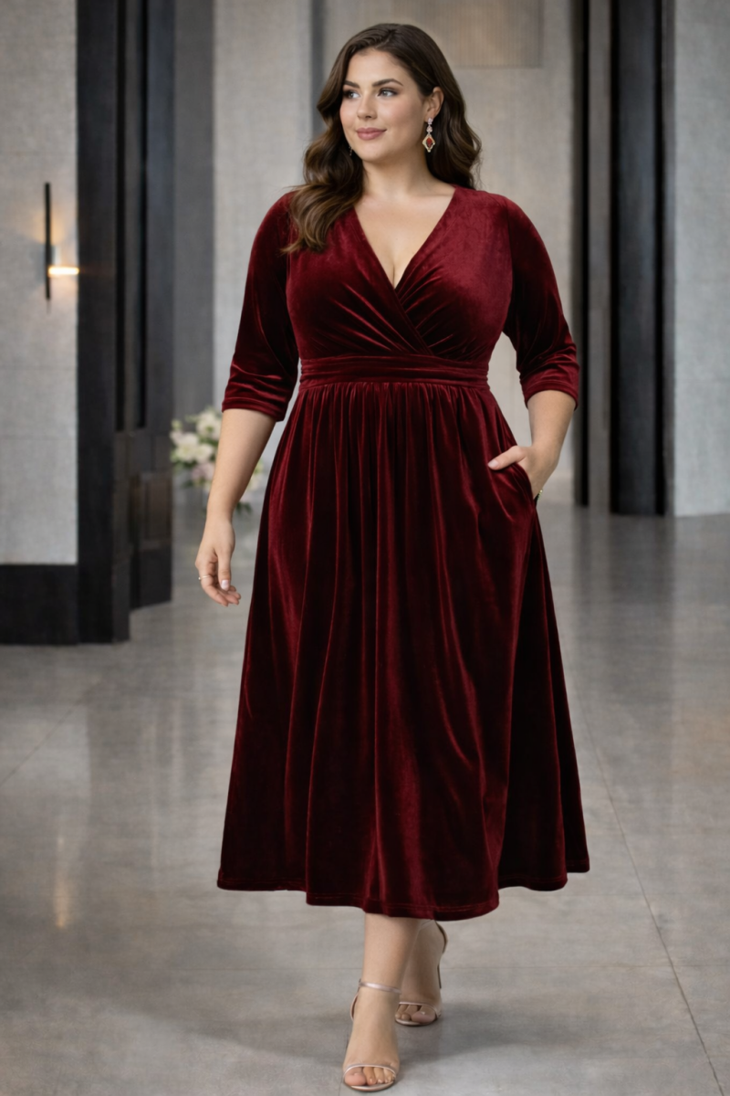 Plus Size Velvet Wrap Midi Dress in deep wine red velvet, suitable for wedding guests and evening events 