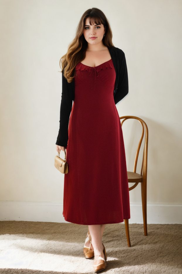 A line red dress with sleeves hot sale