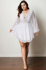 Plus Size White Bohemian Flare Sleeve Dress - Full View