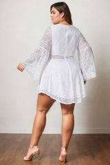 Plus Size White Bohemian Flare Sleeve Dress - Back VIew