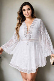 Plus Size White Bohemian Flare Sleeve Dress
