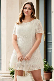Plus Size White Cotton Lace Short Sleeve Dress
