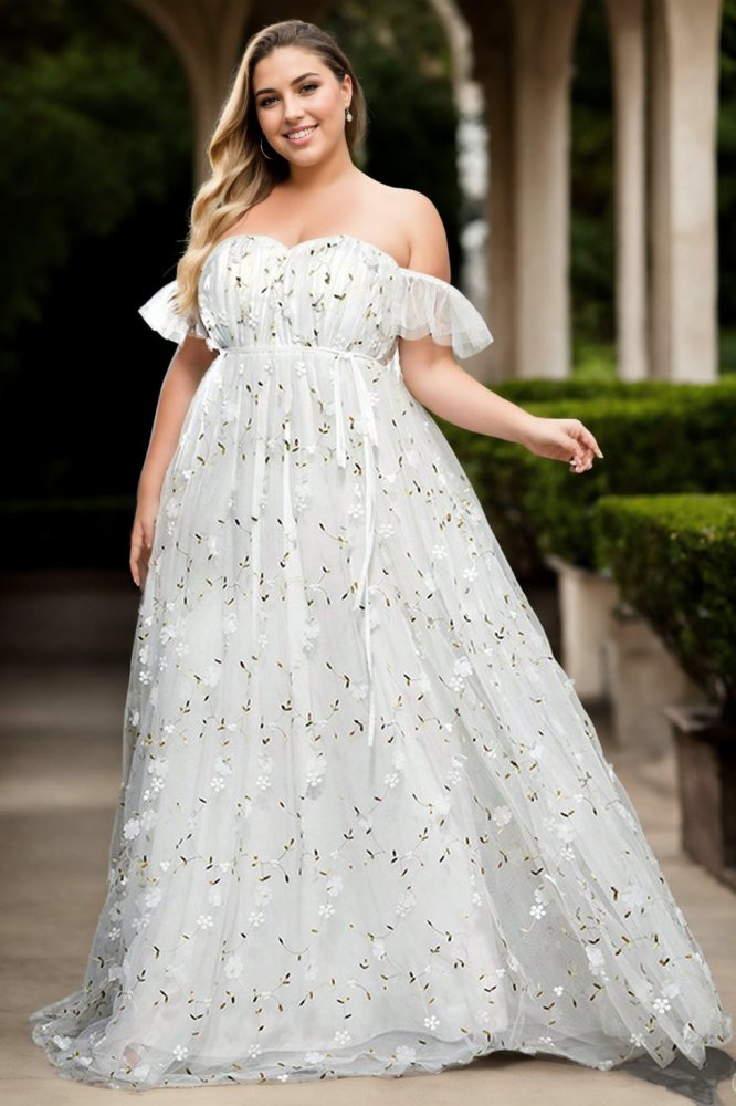 Bellona Plus Size White Floral Off Shoulder Gown