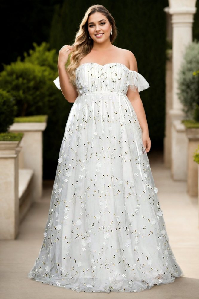 Plus Size White Floral Off Shoulder Wedding Dress, Empire Waist, flattering for curves.
