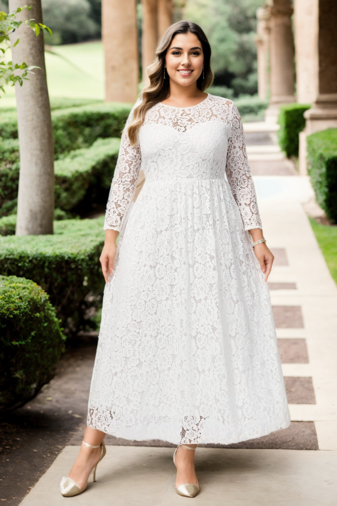 Cailin Plus Size White Lace Long Sleeve Maxi Dress