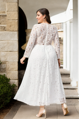 Plus Size White Lace Long Sleeve Maxi Dress - back view
