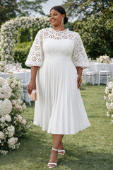 plus size white lace pleated midi dress