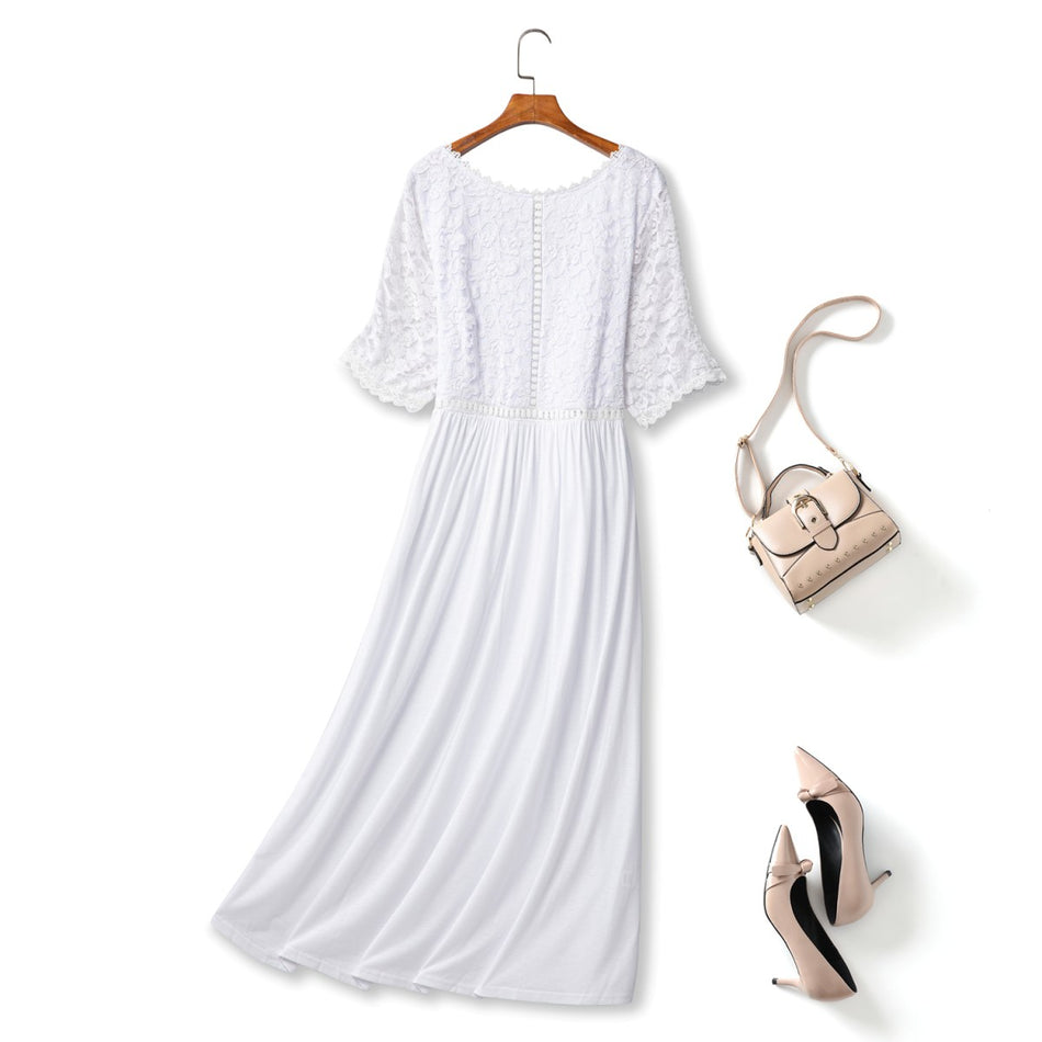 Plus Size White Short Sleeve Maxi Dress - Back View