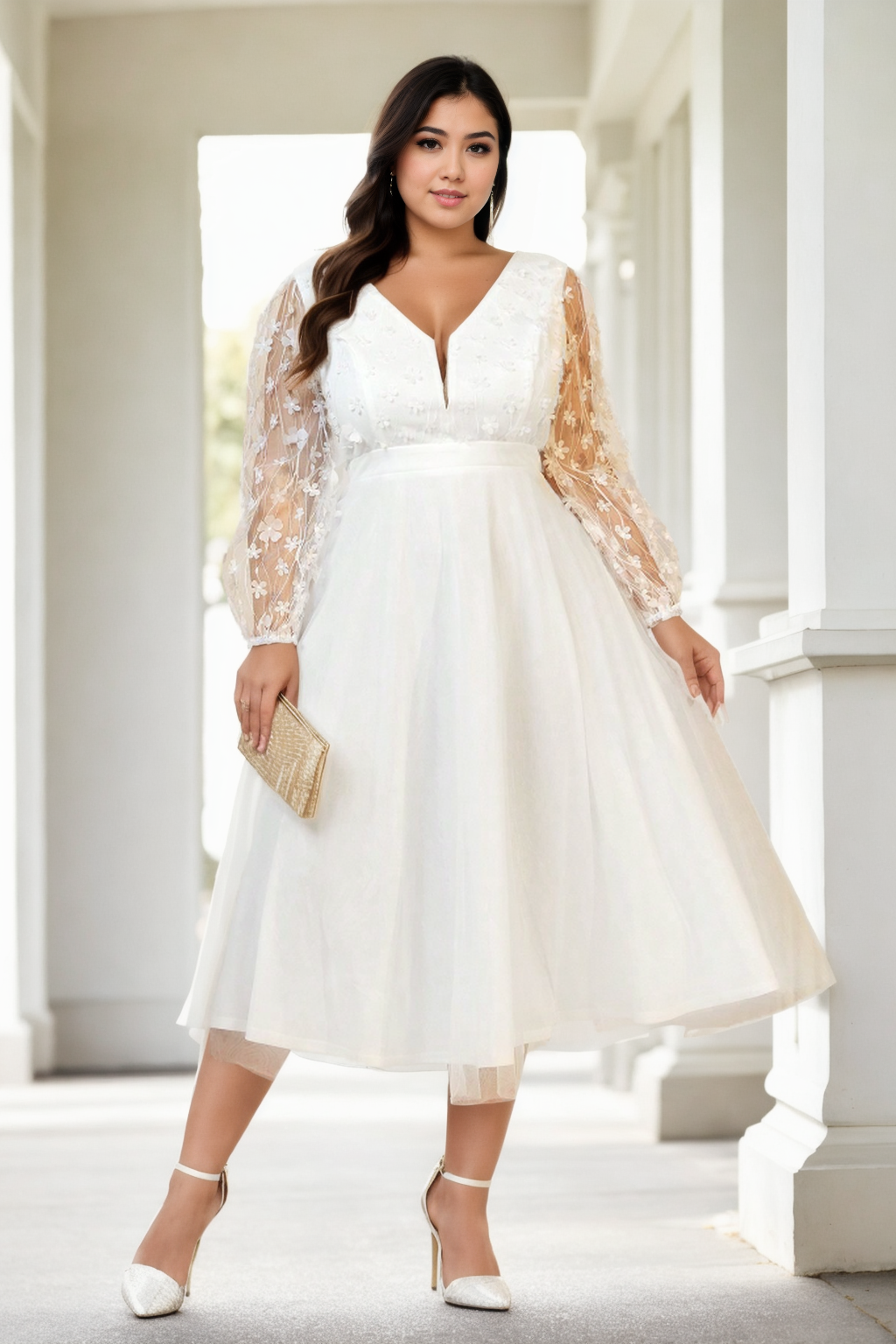 Brodie Plus Size White Long Sleeve Party Dress– Hello Curve