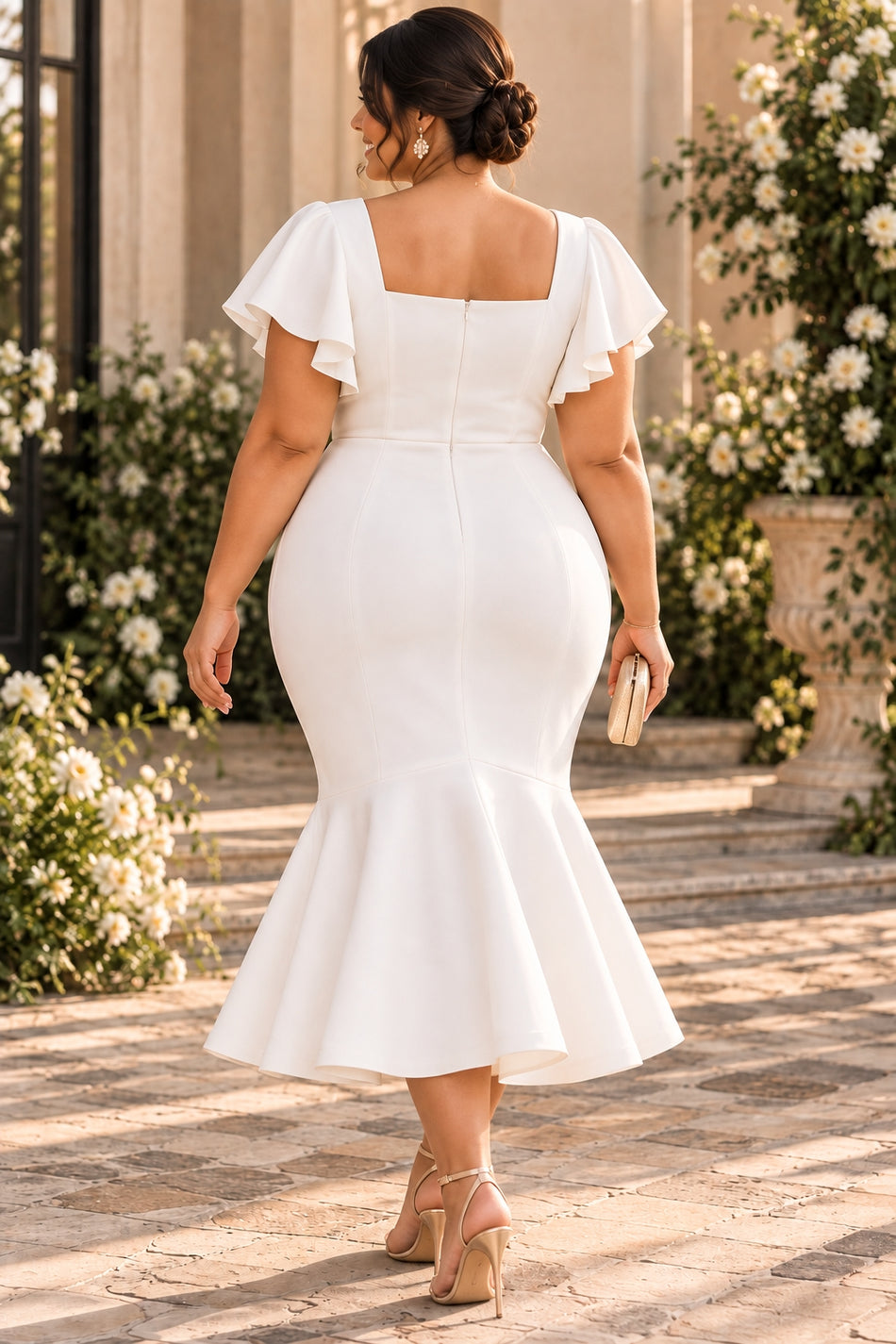 Back view of plus size white mermaid midi cocktail dress with square back neckline and flutter sleeves.
