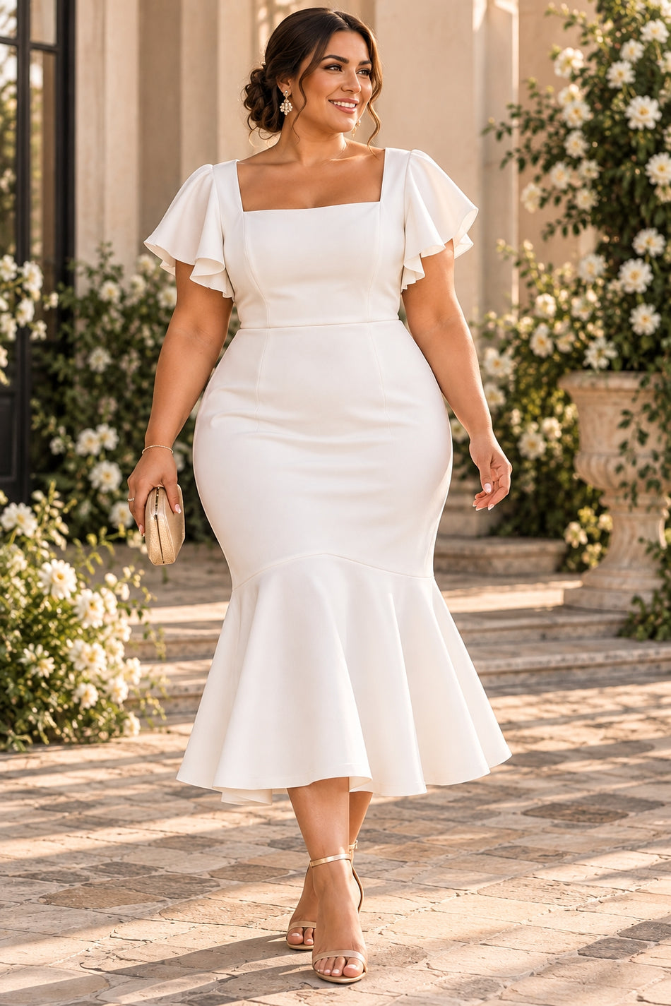 Plus size white midi cocktail dress with square neckline, flutter sleeves and flared mermaid hem, front view.