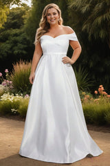 Saskia Plus Size White Satin Off Shoulder Gown
