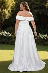 Saskia Plus Size White Satin Off Shoulder Gown