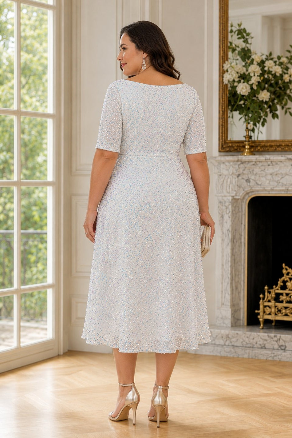 Plus Size White Sequin Cocktail Dress with Sleeves– Hello Curve