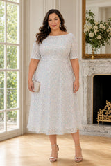 Luane Plus Size White Sequin Cocktail Dress with Sleeves