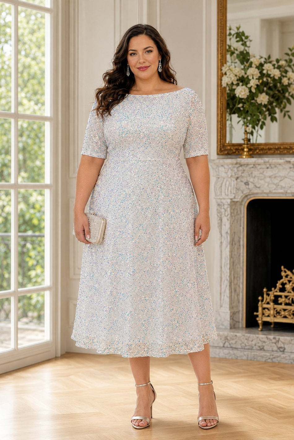 Luane Plus Size White Sequin Cocktail Dress with Sleeves