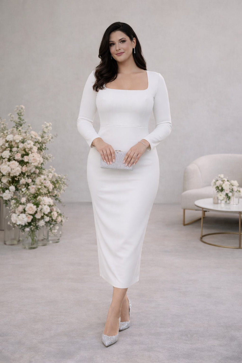 Selene Plus Size White Square Neck Fitted Midi Dress Hello Curve Selene Plus Size White Square Neck Fitted Midi Dress Hello Curve