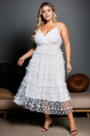 Plus Size V Neck White Midi Dress