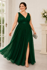 Plus Size Wrap A Line Evening Gown with Empire Waist and Sleeveless - Emerald Green