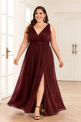 Plus Size Wrap A Line Evening Gown - Burgundy Red