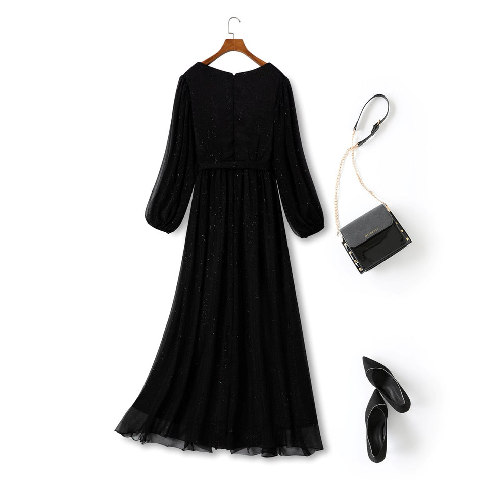 Plus Size Wrap Black Long Sleeve Maxi Dress - Back View