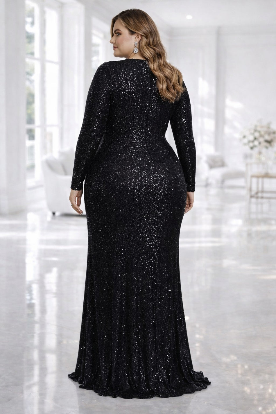 Plus Size Formal Evening Dress in black back view, suitable for formal events and evening occasions